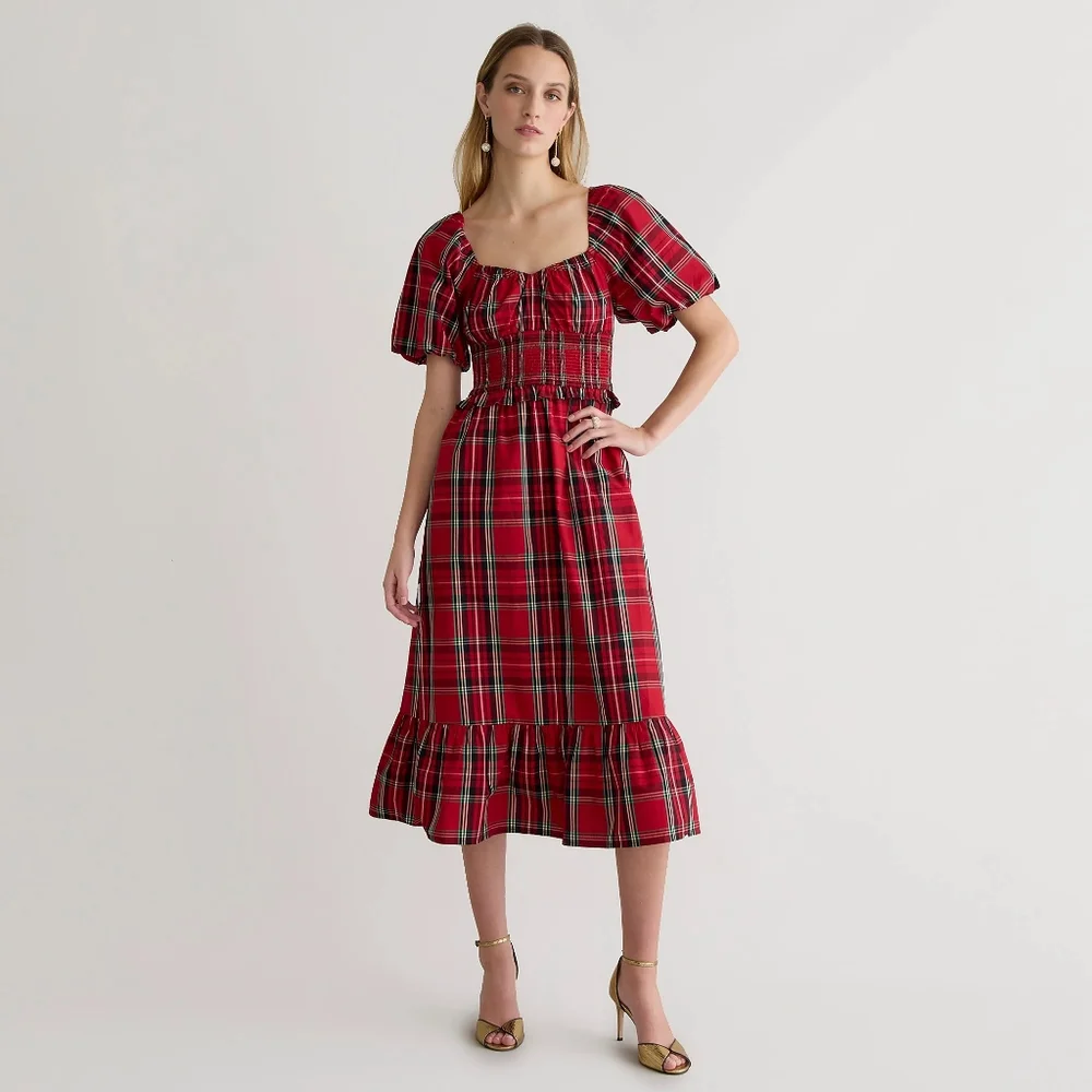 New! J.Crew sz Medium M Red Tartan Plaid Smocked Midi Dress NWT